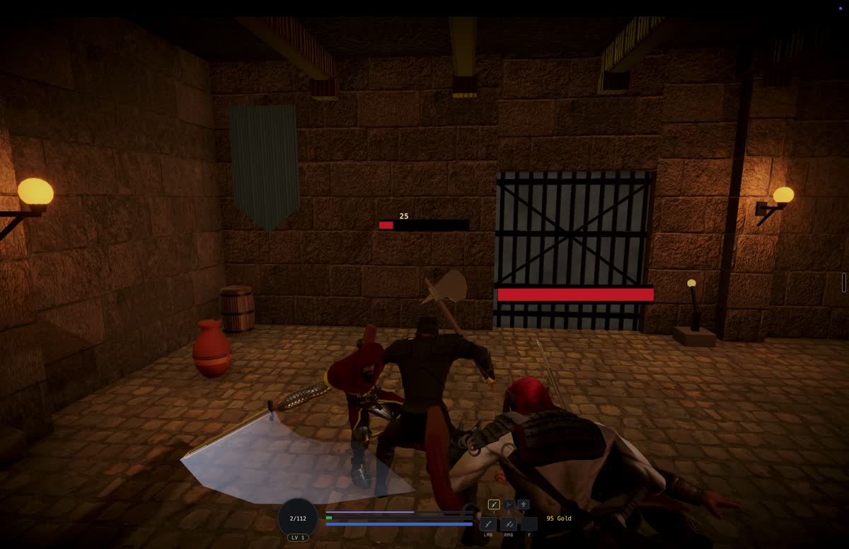 Wardenfall combat: a sword swing landing against shielded enemies