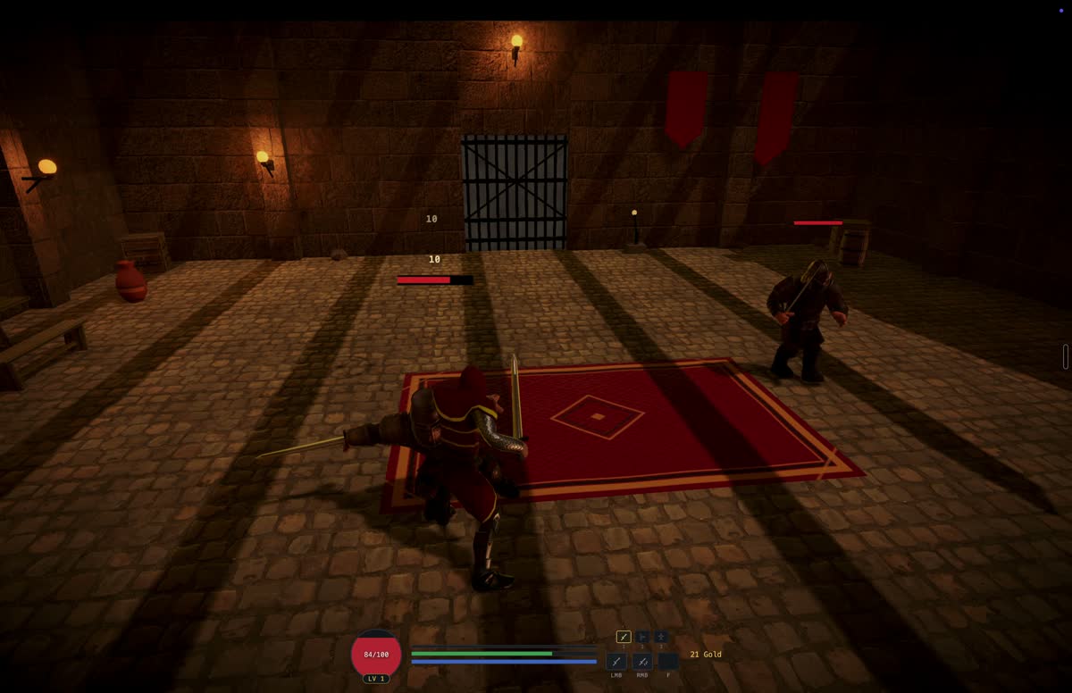 Wardenfall: a torch lit hall with red banners and two enemies ahead