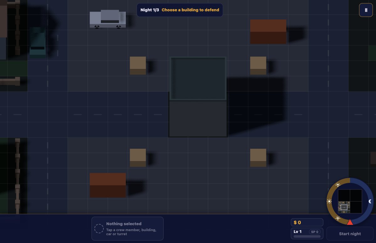 Before the first night: the neighbourhood with no base yet, the prompt Choose a building to defend at the top, and the day and night clock in the corner