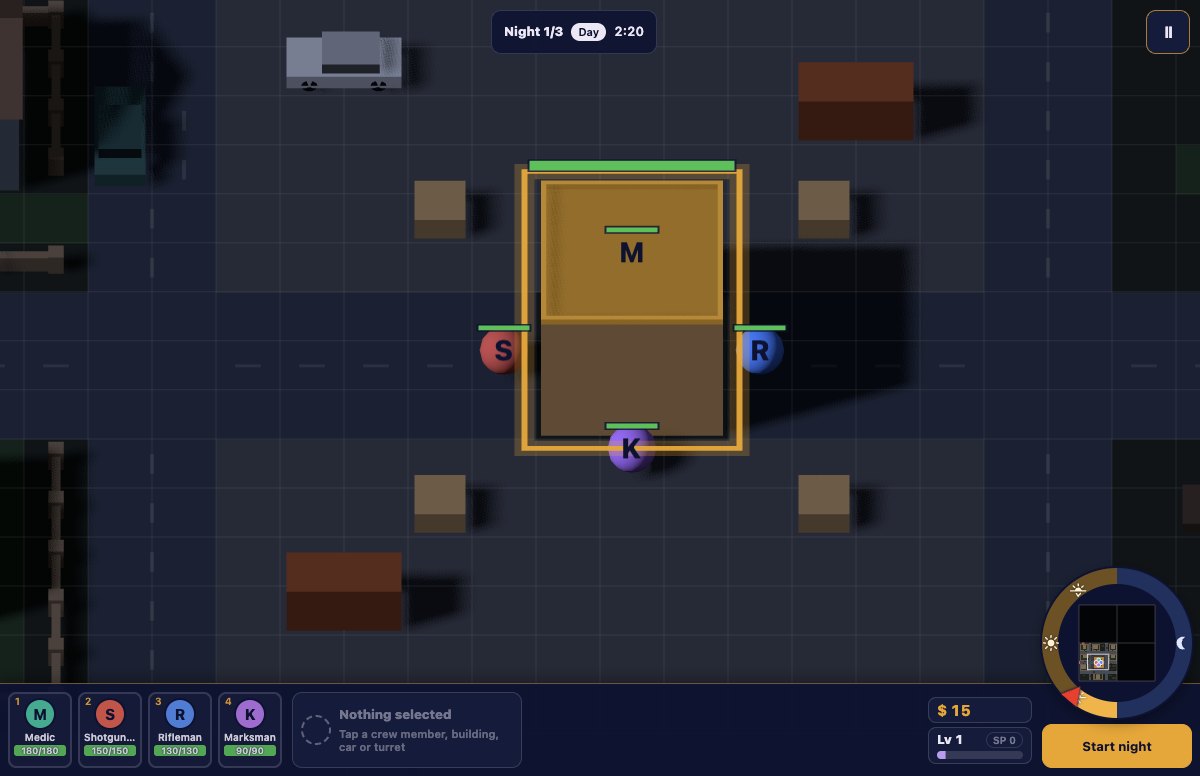 Daytime with the interface on: the crew of four (Medic, Shotgunner, Rifleman, Marksman) at the bottom, cash and level on the right, and a Start night button