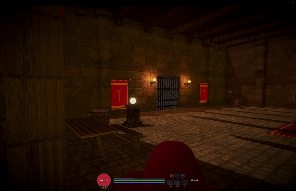 A quiet shrine room with a cross banner and benches