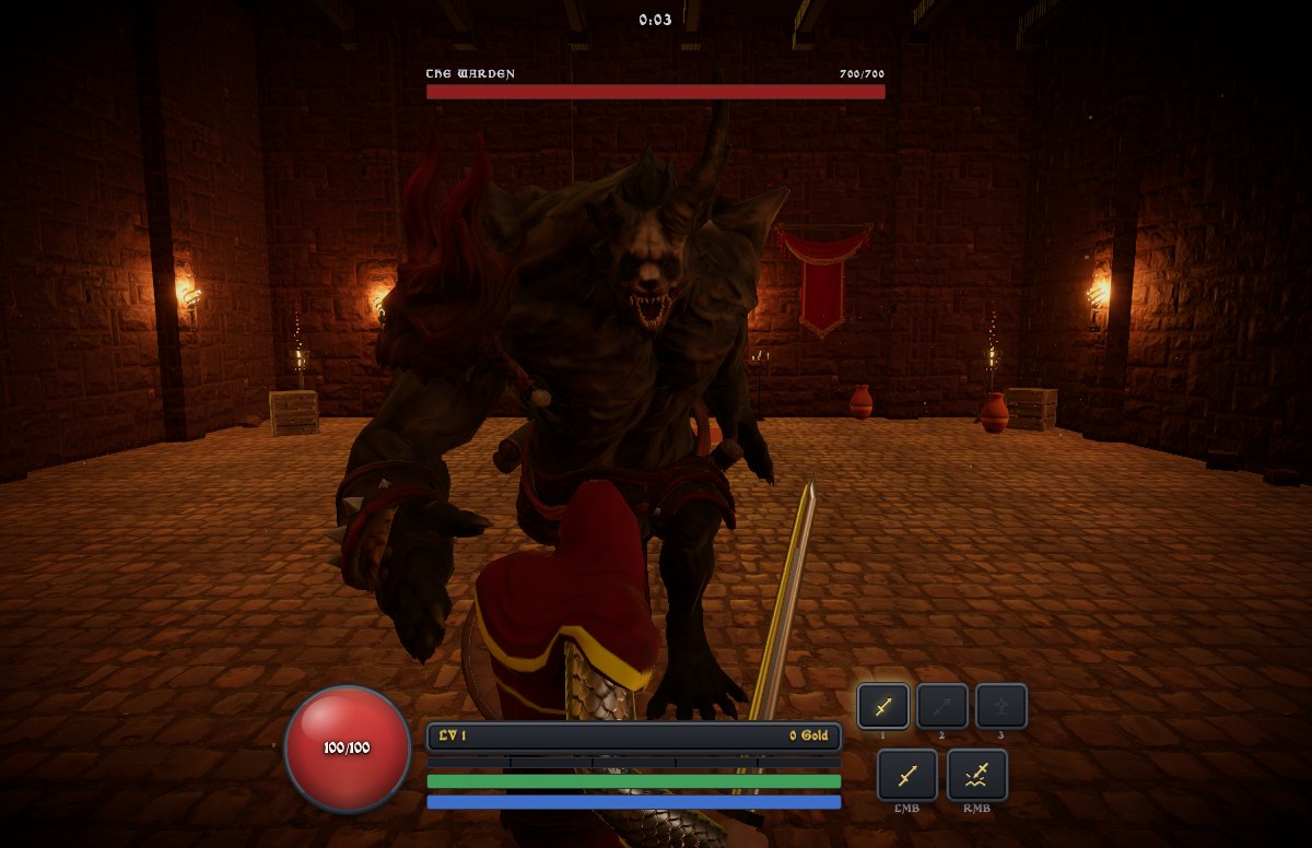 The Warden fills the screen in a dark stone arena, his health bar across the top and the player's health orb, level and ability slots along the bottom