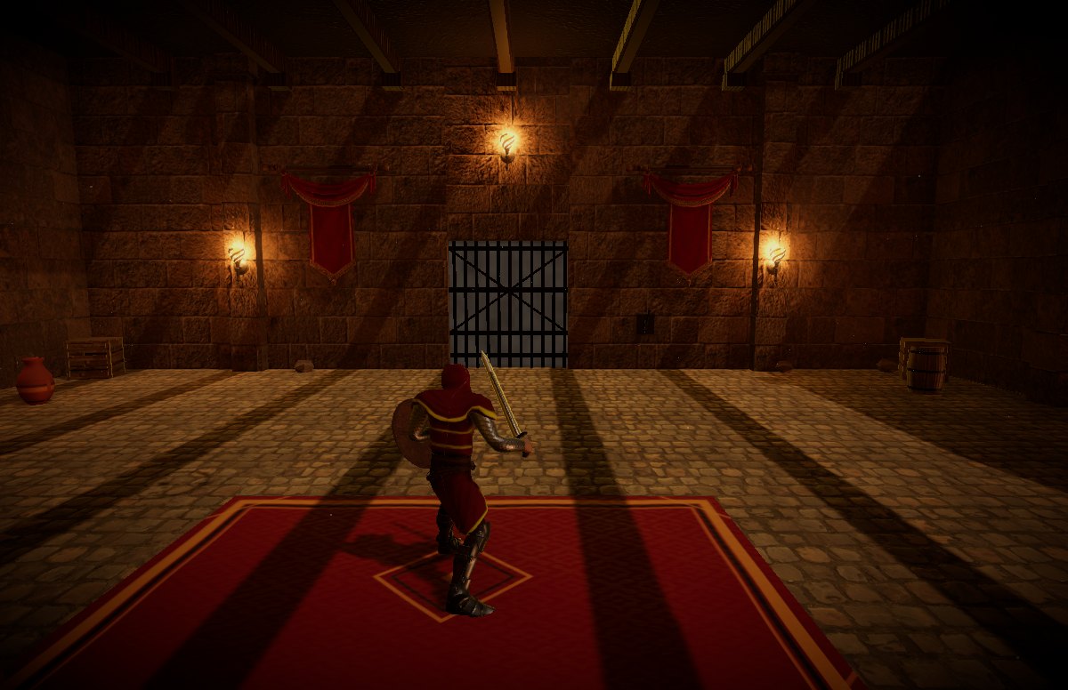 A hooded knight on a red carpet facing the closed portcullis at the end of a torch lit hall in Wardenfall