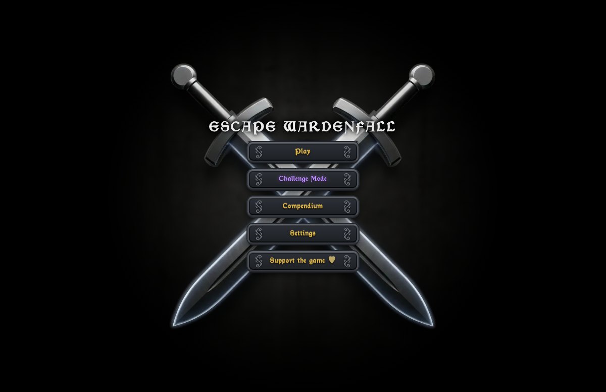 Wardenfall's main menu: crossed swords behind Play, Challenge Mode, Compendium, Settings and Support the game, the kind of screen an ad may appear on