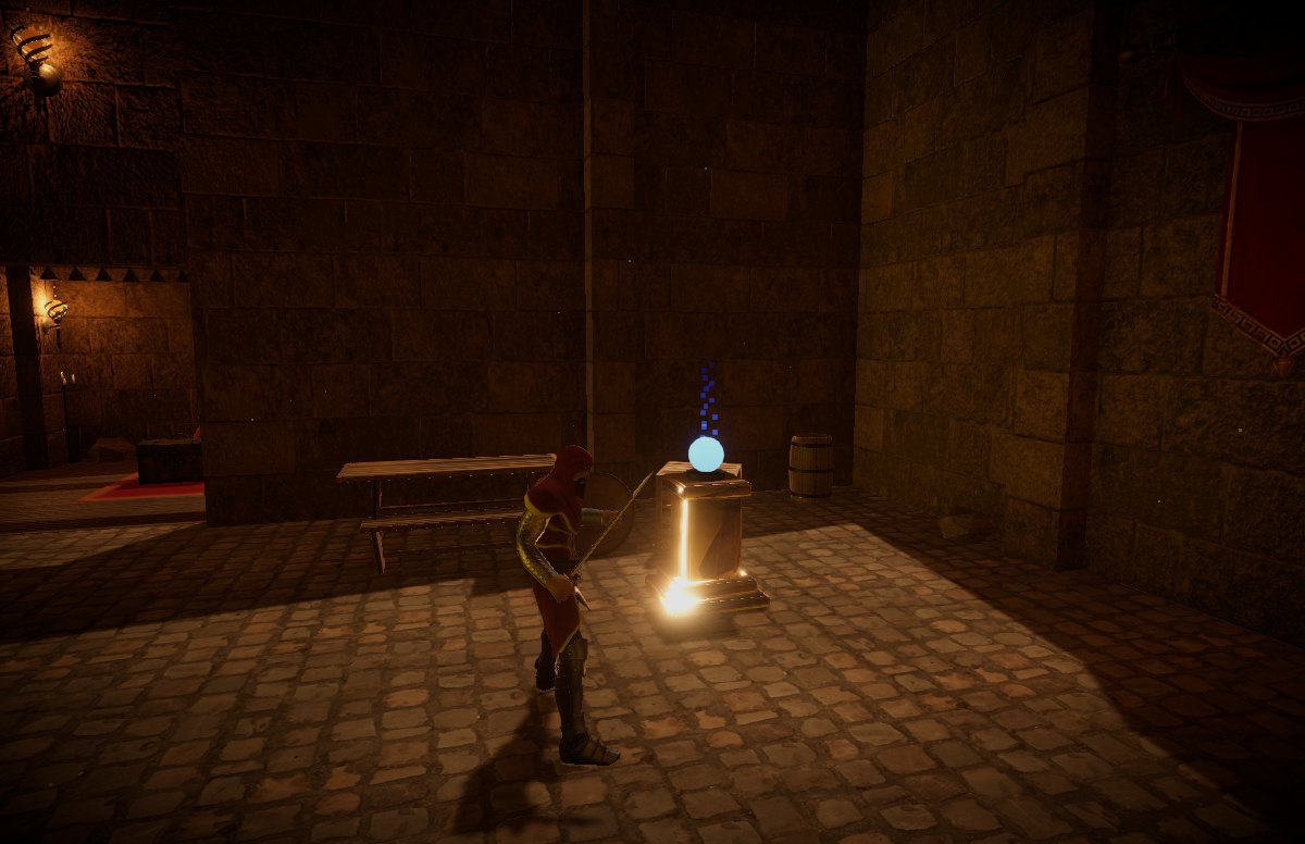 Wardenfall: a hooded knight beside a glowing shrine pedestal topped with a blue orb, in a dim stone room
